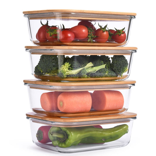 Glass Food Storage Containers With Bamboo Lids (Pack Of: Clear,Beige  Glass